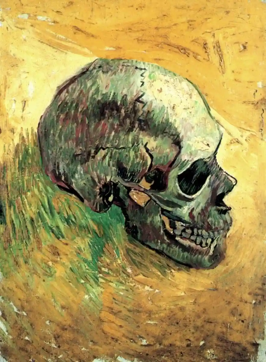 A painting of a human skull rendered in thick, expressive brushstrokes with a yellow background and greenish tones, overlaid…
