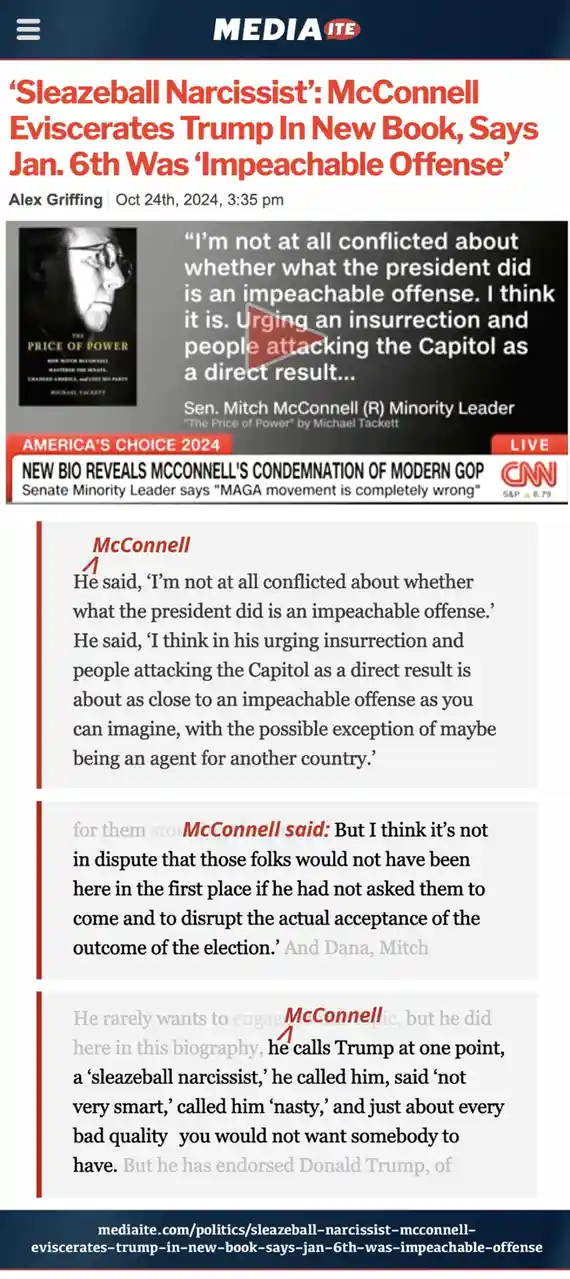 A screenshot of a Mediaite article about Mitch McConnell's new book, showing quotes where he calls Trump a 'sleazeball…