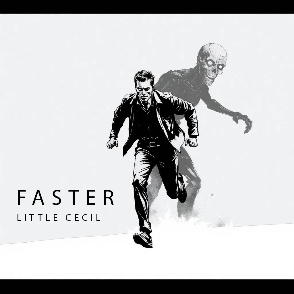 A black and white illustration shows a man in a suit running forward with intense focus, while a skeletal figure with…