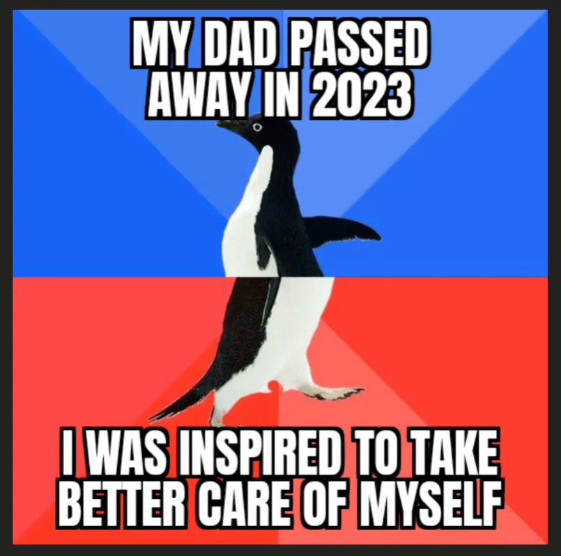 A penguin walks upward across a split background of blue and red. The top text reads 'MY DAD PASSED AWAY IN 2023' and the…