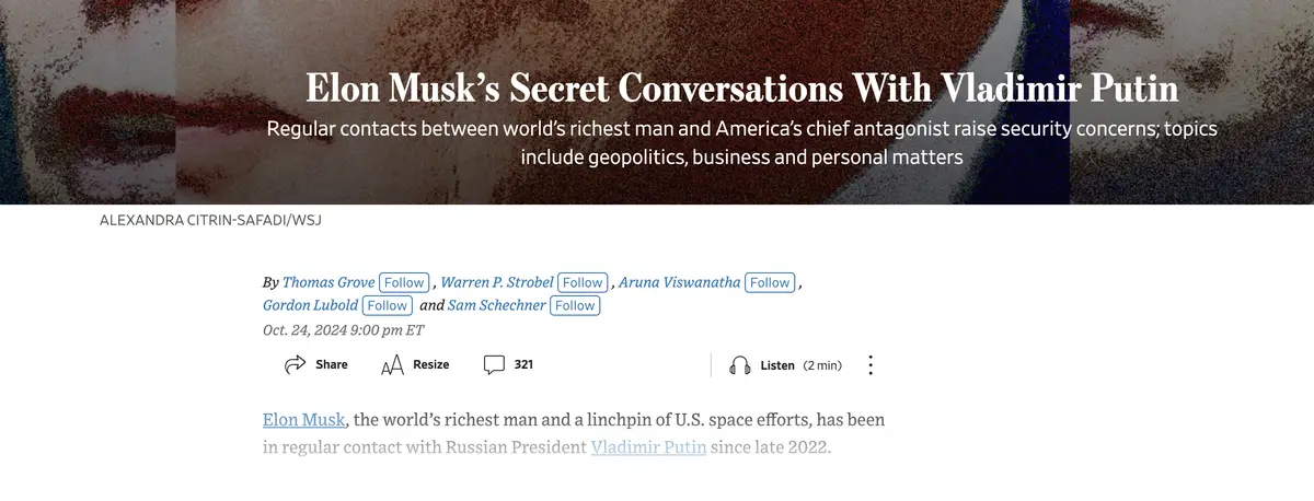 The image shows a screenshot of a Wall Street Journal article header with the headline 'Elon Musk's Secret Conversations…