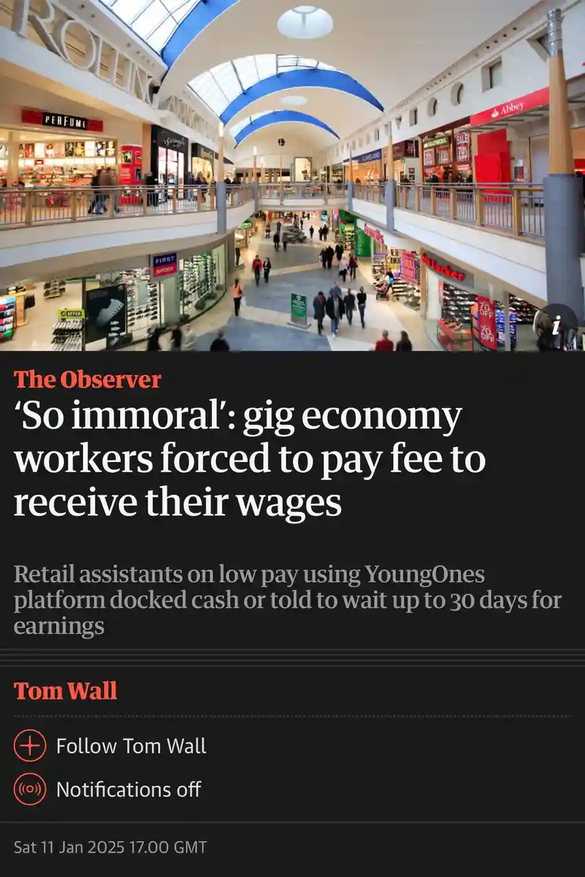 The image displays a screenshot of a news article from 'The Observer' overlaid on a photo of a bustling, multi-level…