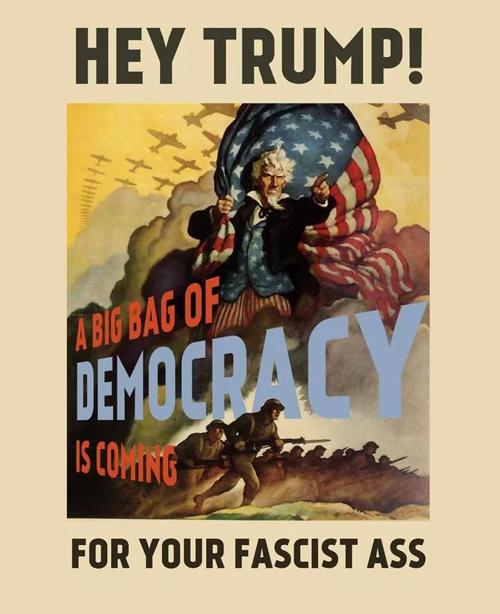 The image is a digitally altered vintage wartime poster featuring Uncle Sam pointing forward while draped in the American…