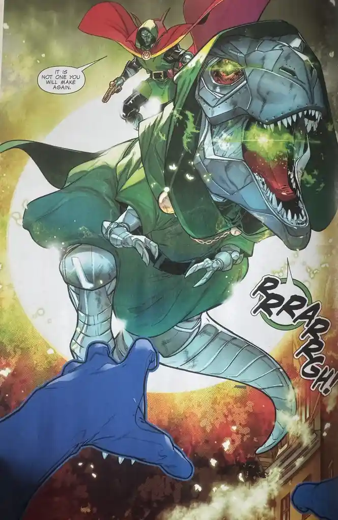 A comic book panel shows Doctor Doom riding a giant, armored, roaring T-Rex dinosaur. Doom, in his green and red costume…