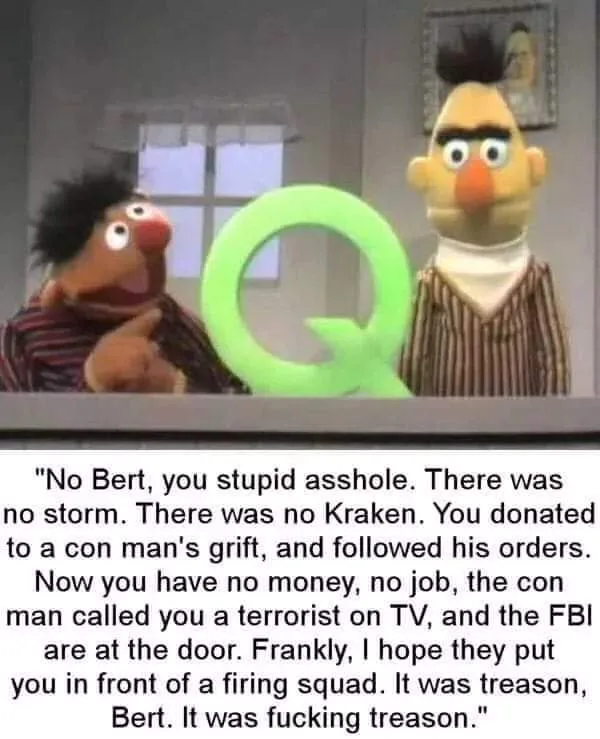 Two Muppet characters, Ernie and Bert, are shown in a scene with a large green letter 'Q' between them. Ernie is on the…