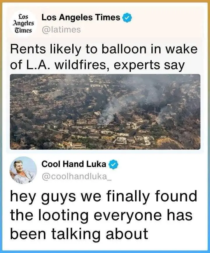 The image shows a screenshot of two tweets. The top tweet from the Los Angeles Times features an aerial photo of a…