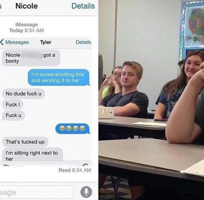 A split-screen image shows a text message conversation on the left where one person sends a suggestive message to 'Nicole'…