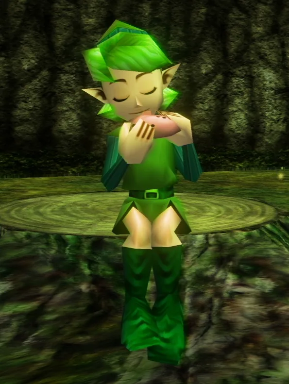 A character from The Legend of Zelda: Ocarina of Time, Link, is shown in a forest setting, standing on a circular platform…