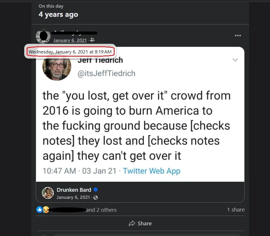 A screenshot of a Twitter post from January 6, 2021, by Jeff Tiedrich, which reads: 'the "you lost, get over it" crowd from…