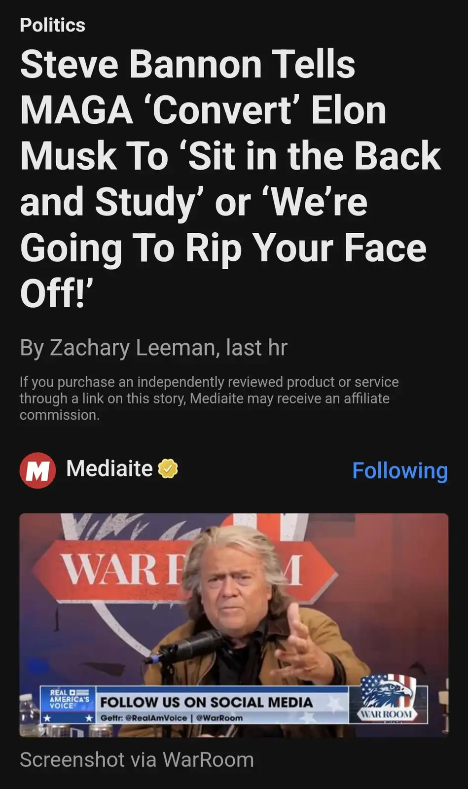 A screenshot of a Mediaite news article headline about Steve Bannon telling MAGA supporters to 'convert' Elon Musk or face…