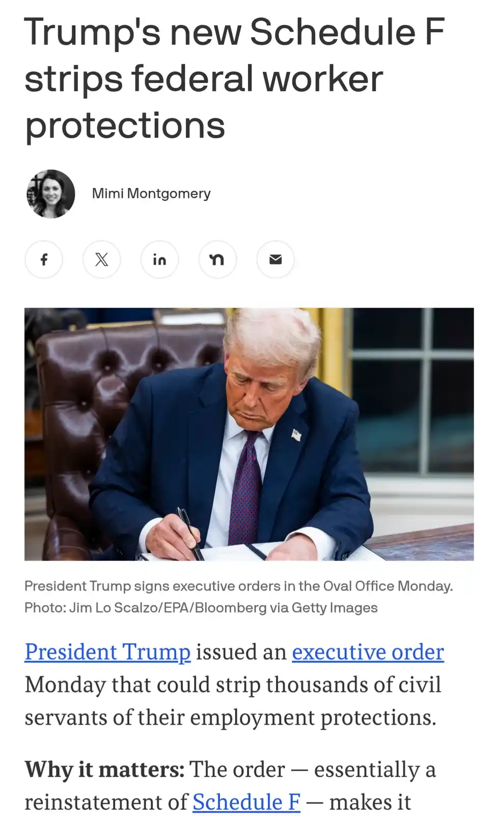 A screenshot of a news article shows President Trump signing documents in the Oval Office, with the headline 'Trump's new…