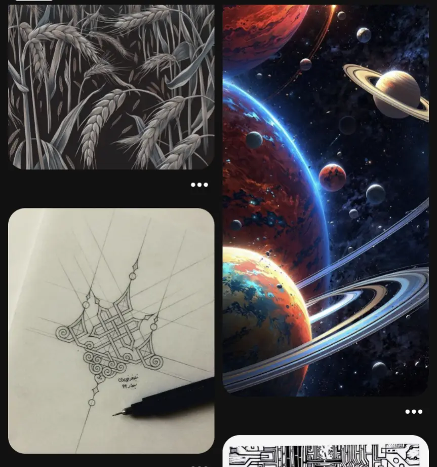 A four-panel image collage shows wheat stalks, a cosmic scene with planets and rings, a hand-drawn geometric design with…