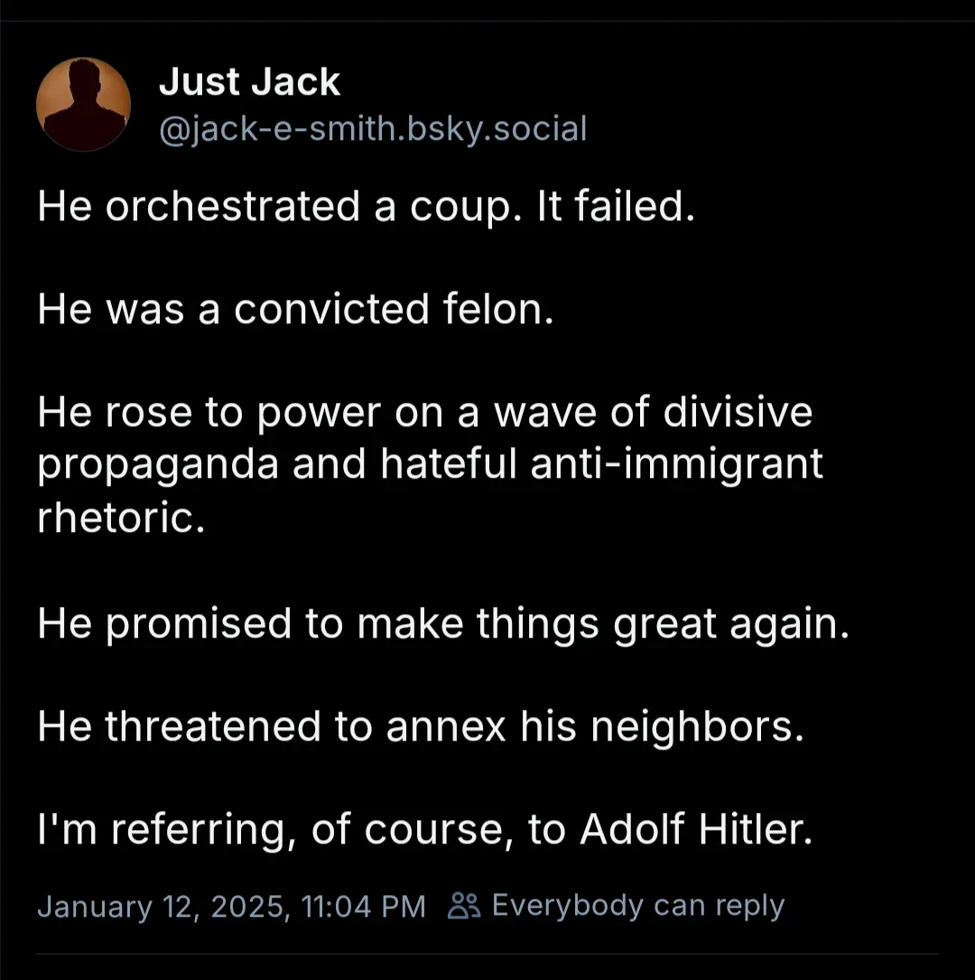 A screenshot of a social media post by 'Just Jack' listing several damning historical facts about a figure, culminating in…