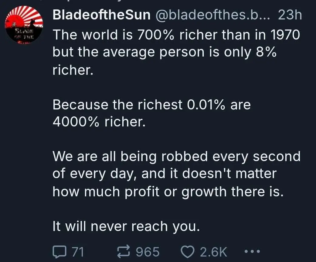 A screenshot of a tweet by BladeoftheSun showing statistics about global wealth inequality, claiming the world is 700%…