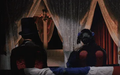 A six-panel image sequence from a movie scene showing a man in a top hat and a woman in a dark dress sitting on a bed. In…