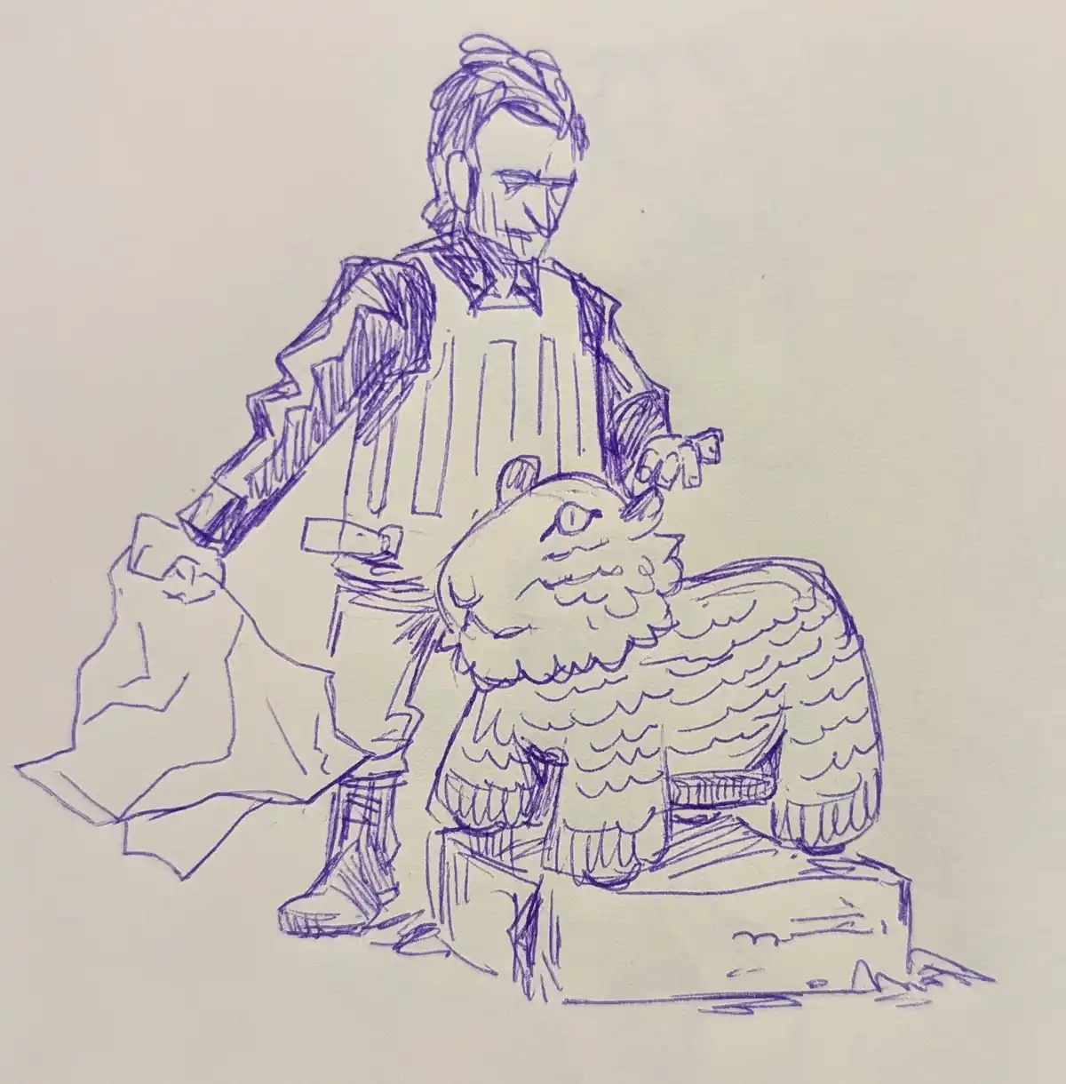 A purple ink sketch shows a person in a robe holding a hammer and chisel, standing beside a large, feathered creature…