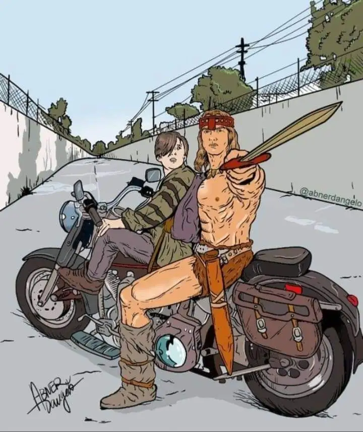 A cartoon illustration shows a shirtless caveman with a sword and fur boots riding a modern motorcycle, while a woman in a…
