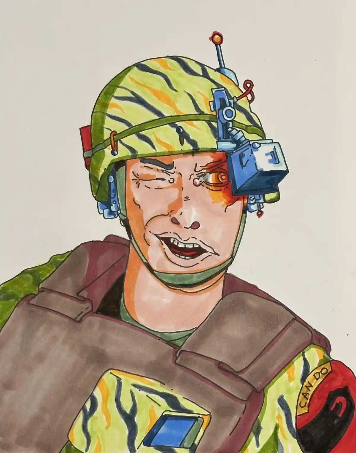 A hand-drawn illustration shows a soldier in a green and orange tiger-stripe camouflage uniform and helmet, wearing a bulky…