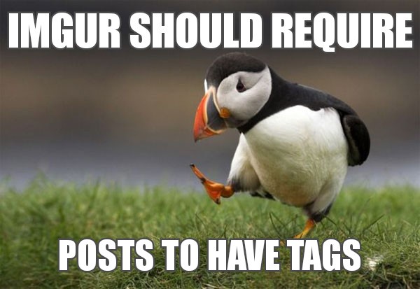 A photograph of a puffin standing on grass, looking down with one foot lifted, overlaid with bold white text reading 'IMGUR…