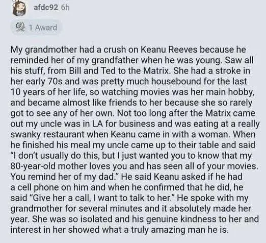 A screenshot of a Reddit post by user 'afdc92' with a 1 award, detailing a touching story where Keanu Reeves, upon seeing…