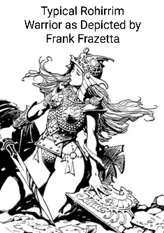 A black-and-white illustration of a muscular, heavily armored warrior with flowing hair, wielding a sword and standing on a…