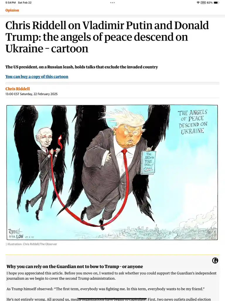 A political cartoon depicts Vladimir Putin and Donald Trump as winged figures descending over a war-torn Ukraine. Putin, on…