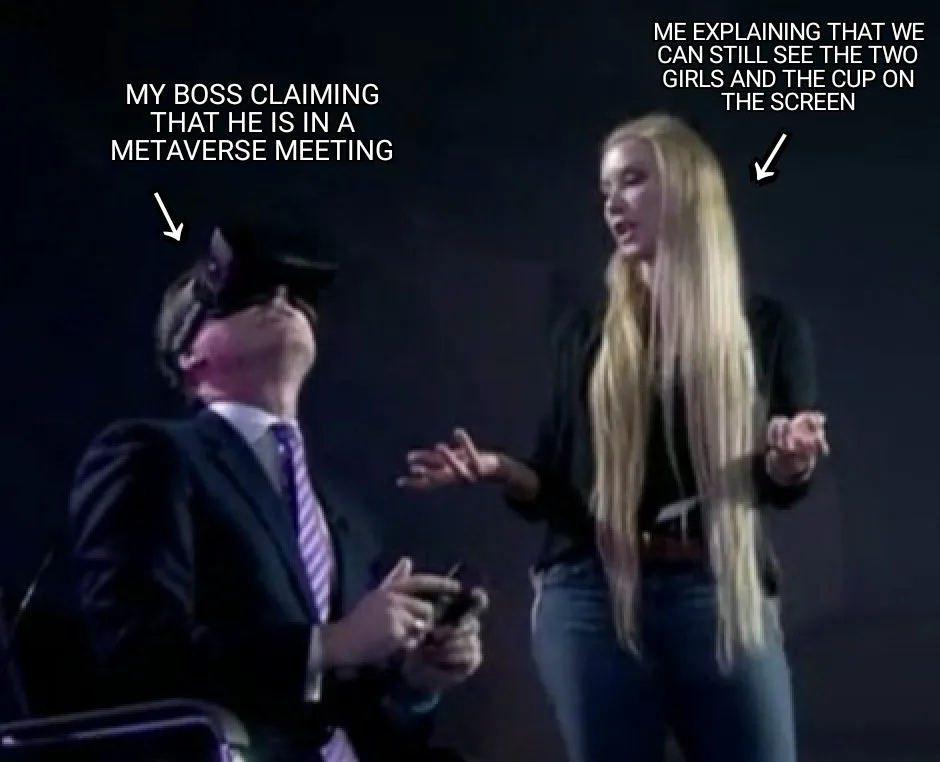 A man in a suit wearing a VR headset looks upward while a woman with long blonde hair gestures toward him. Text labels…