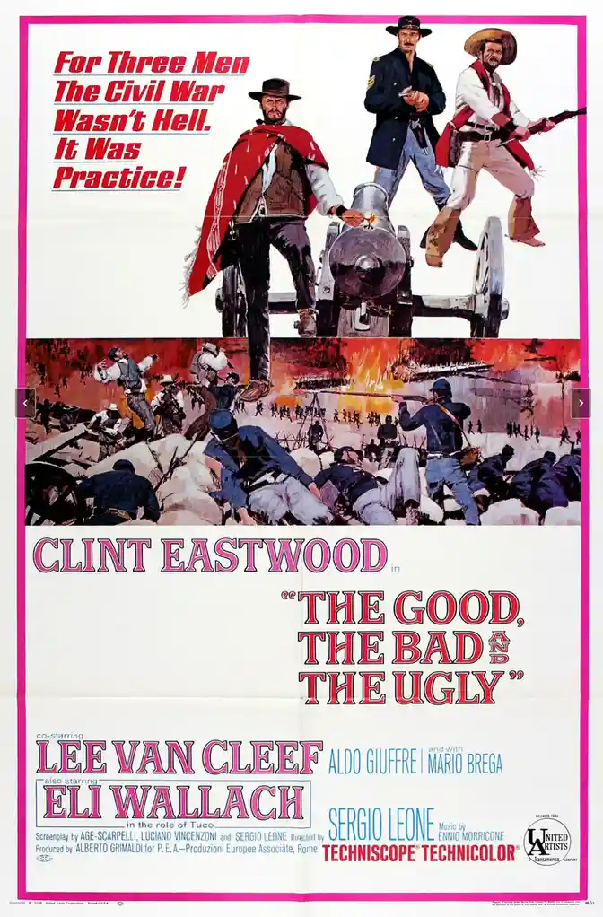 This is a vintage movie poster for 'The Good, The Bad and The Ugly' featuring Clint Eastwood, Lee Van Cleef, and Eli…