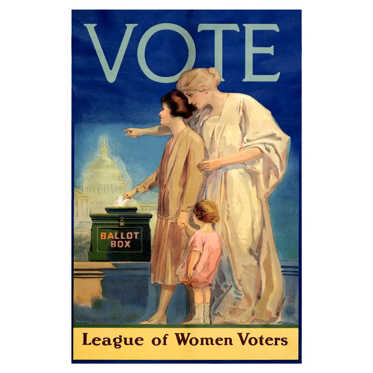 A vintage 1920s American suffrage poster shows a woman casting a ballot into a green ballot box labeled 'BALLLOT BOX' while…