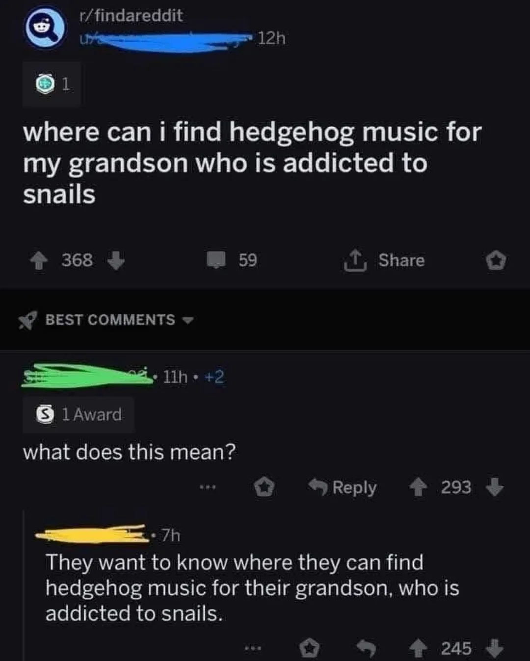 A screenshot of a Reddit post from r/findareddit where a user asks where to find hedgehog music for their grandson who is…