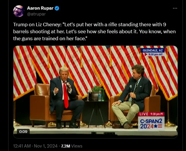 A screenshot of a C-SPAN2 2024 broadcast showing Donald Trump seated in a brown armchair on a stage with red and white…