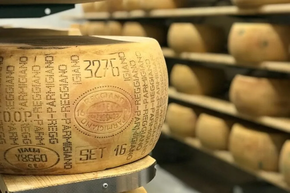 A close-up photo of a large, round Parmigiano-Reggiano cheese wheel with the number '3276' stamped prominently on its rind…