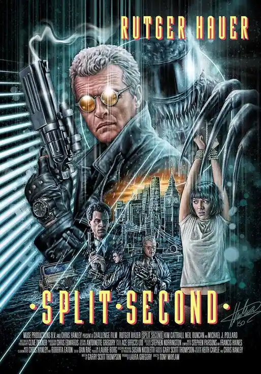 A movie poster for 'Split Second' featuring Rutger Hauer as a man in a trench coat holding a large gun, with a menacing…