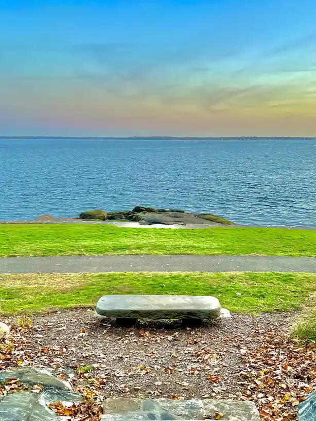 A serene outdoor scene features a solitary stone bench on a leaf-strewn path, overlooking a vast body of water under a…