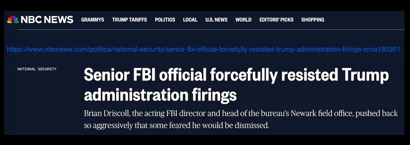 A screenshot of an NBC News article headline reads 'Senior FBI official forcefully resisted Trump administration firings,'…