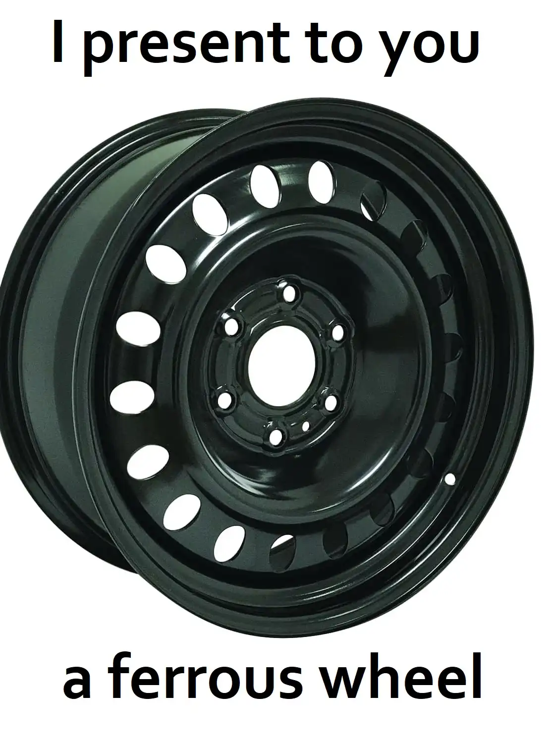 The image displays a black, shiny steel car wheel with a simple multi-spoke design and bolt holes, set against a plain white…