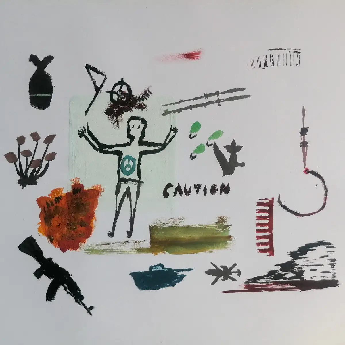 A childlike drawing shows a peace symbol-wearing figure surrounded by war imagery including bombs, guns, tanks, barbed wire…