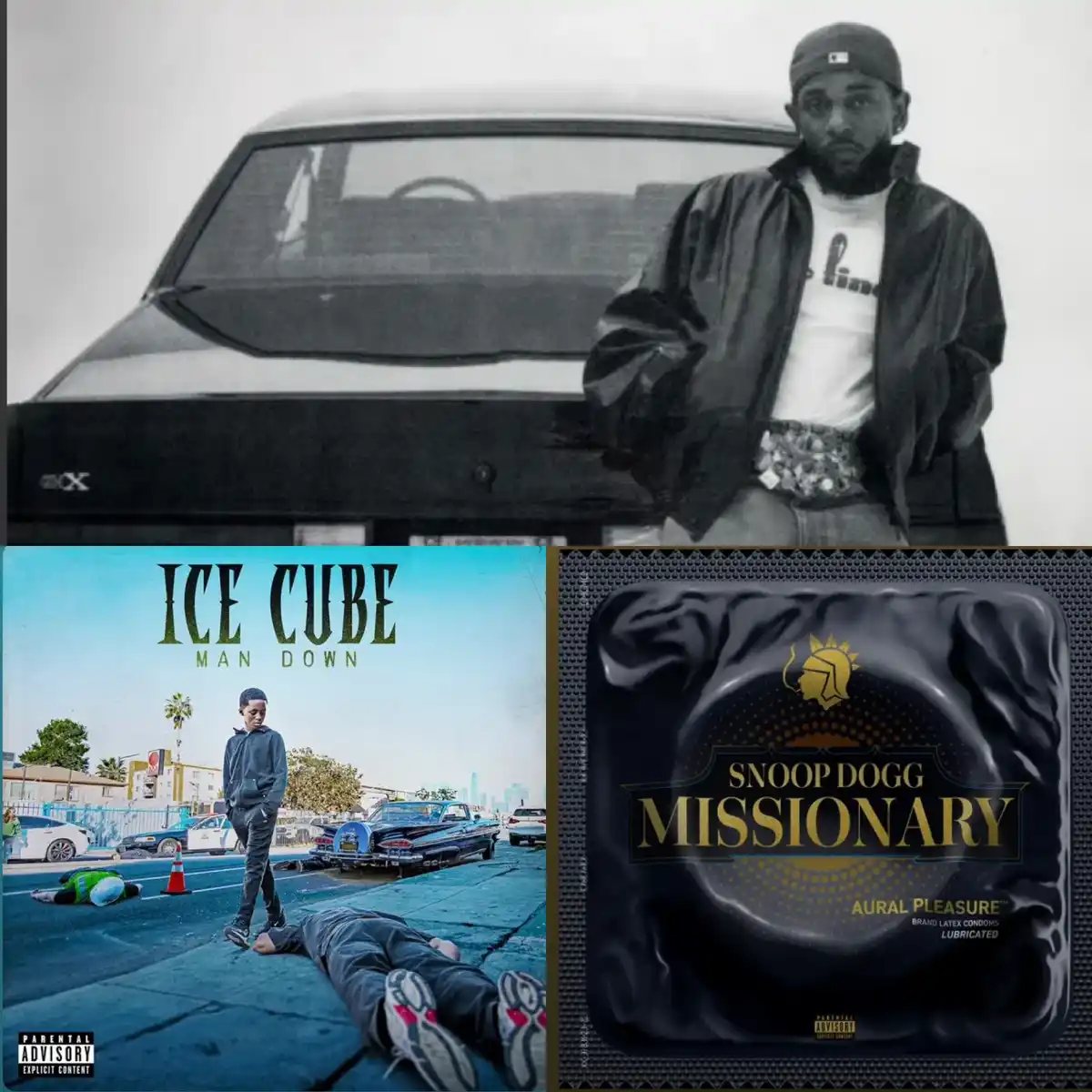 The image is a collage featuring Ice Cube's album cover for 'Man Down' on the left, showing a man walking past bodies on a…