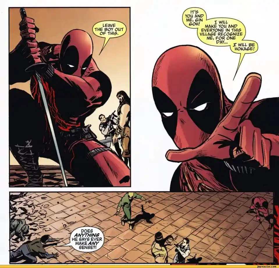 A comic panel featuring Deadpool in three scenes: holding a sword and saying 'Leave the boy out of this,' then pointing and…