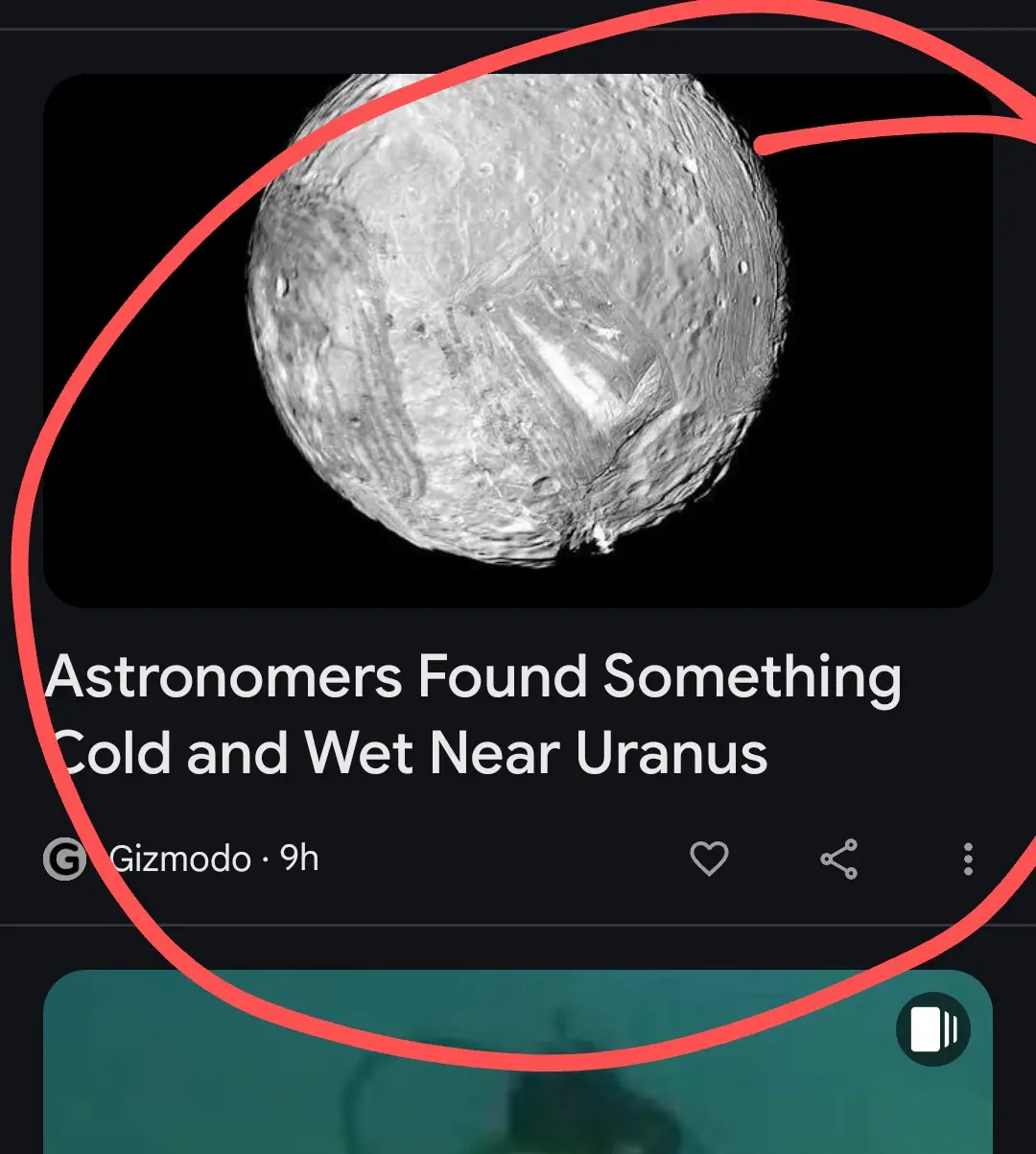 A screenshot of a news article from Gizmodo, circled in red, shows a grayscale image of a cratered celestial body, likely a…