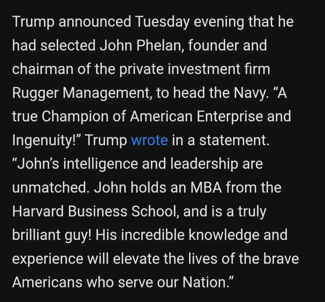 A black background with white text mimicking a news article, falsely claiming Donald Trump appointed John Phelan, an…
