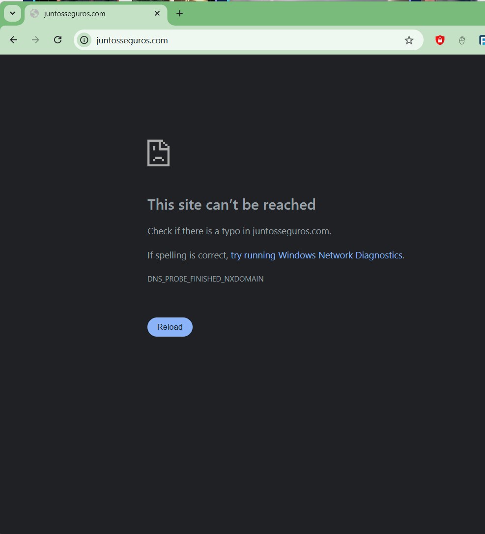 A screenshot of a Windows browser showing a 'This site can't be reached' error page for the domain 'juntosseguros.com'. The…