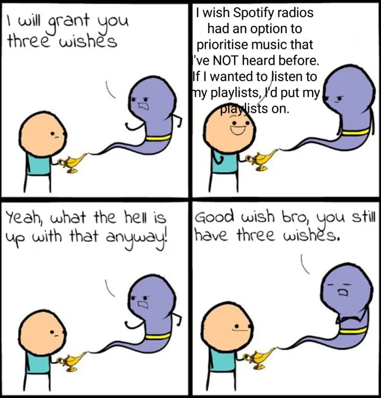 A four-panel comic strip featuring a man and a genie. In the first panel, the genie says 'I will grant you three wishes.' In…