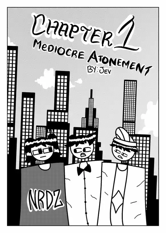 A black-and-white comic panel shows three cartoon characters in formal wear standing before a city skyline. The character on…