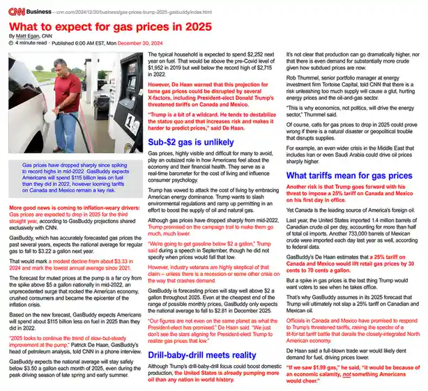 A screenshot of a CNN Business article titled 'What to expect for gas prices in 2025' features a photo of a man pumping gas…
