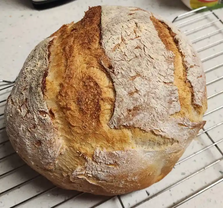 A round, rustic loaf of bread with a golden-brown crust and flour dusting sits on a metal cooling rack. The bread has a…