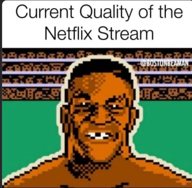 A pixelated image of a smiling, muscular man in a green boxing ring, with the text 'Current Quality of the Netflix Stream'…