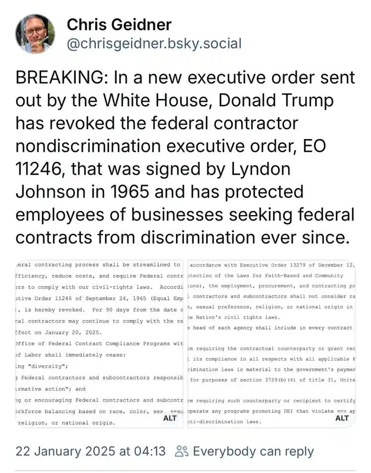 A screenshot of a social media post by Chris Geidner, which falsely claims Donald Trump revoked EO 11246, a 1965 civil…