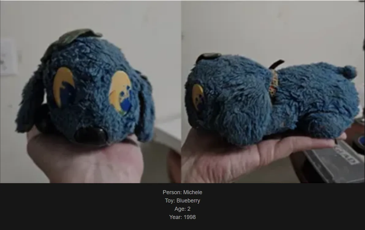 A split image shows a blue, fluffy stuffed dog toy being held in a person's hand. The left panel shows the toy's face with…