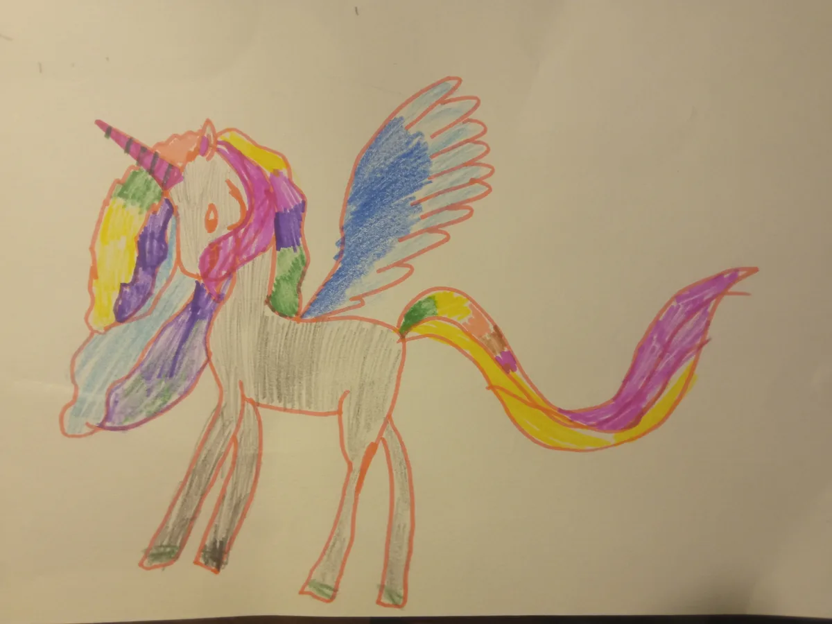 A child's crayon drawing of a unicorn with wings, rainbow-colored mane and tail, and a striped horn, drawn on white paper…